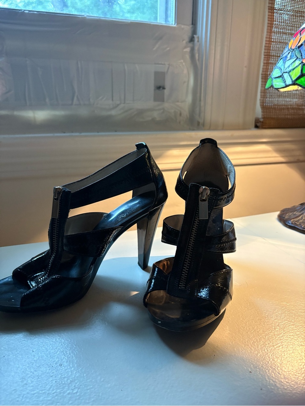 Michael Kors Black Patent Leather Zip-Strap Stiletto Sandals